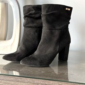 Bebe Fabric Suede Pointed Toe Block Heel Boot